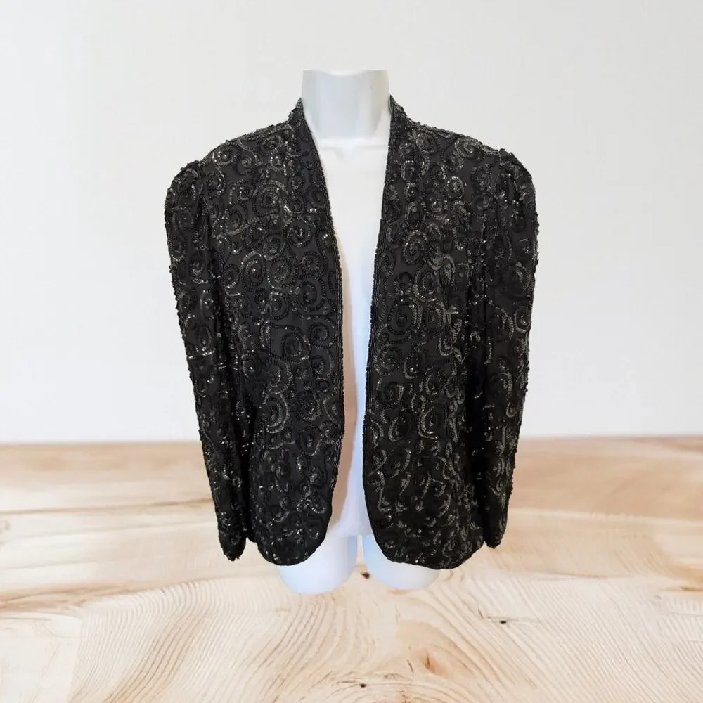 Vintage Nite Line 100% Silk Black Sequin Evening Jacket M